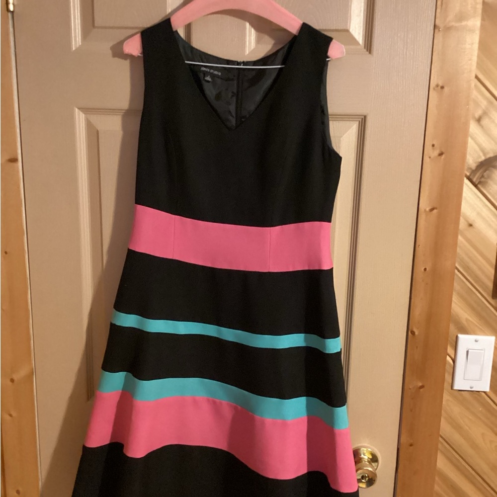Jones New York Black Midi Dress with Pink and Blue Stripes